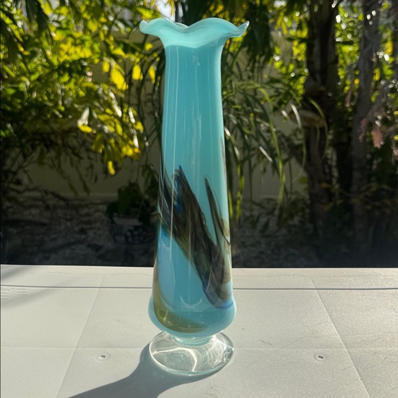 Vintage Hand-Blown Tall Sky-Blue Art Glass Vase, Ruffled Top - Picture 2 of 5